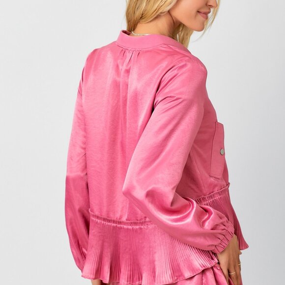 MYSTREE Pink Satin Pleated Hem Bomber Jacket - Picture 5 of 7
